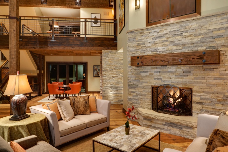 rustic stacked stone fireplace