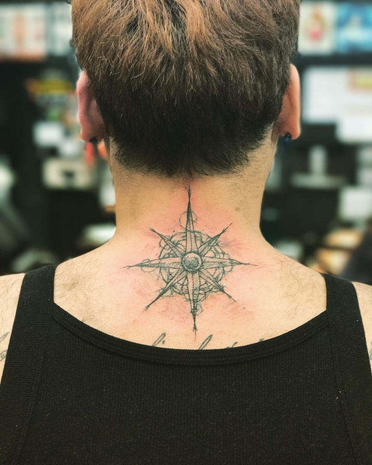 compass neck tattoo for men