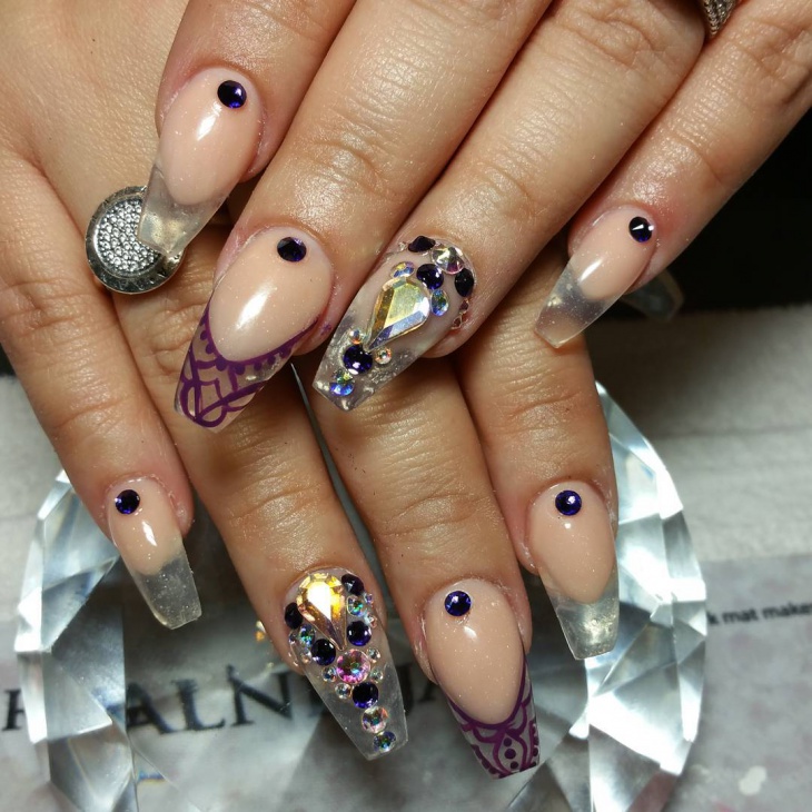 rhinestones coffin french tip nails
