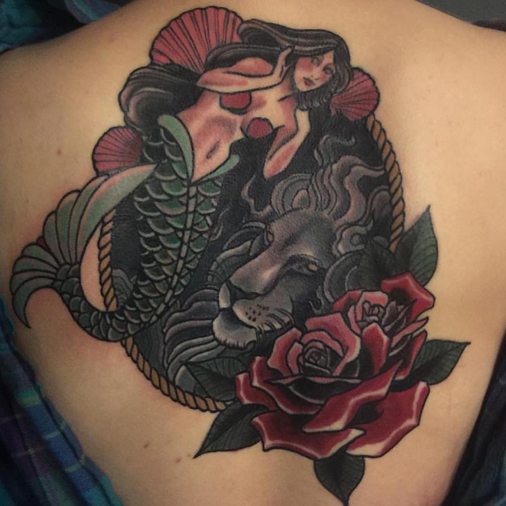 unique mermaid back tattoo design