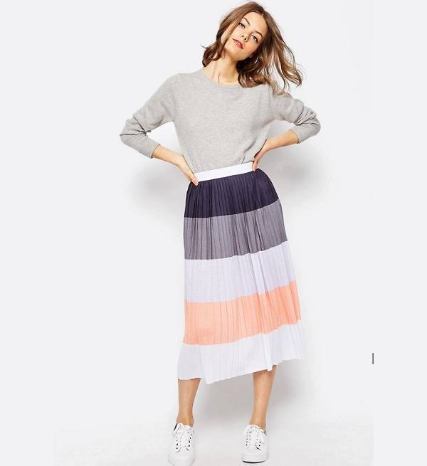 striped pleated midi skirt