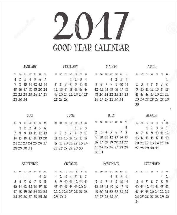 2017 one page calendar