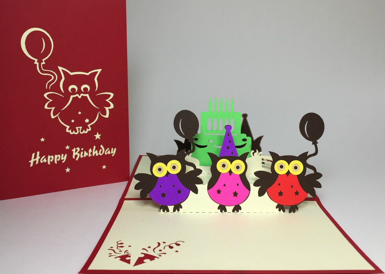 colorful owl birthday cake pop up card 1280x910
